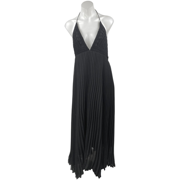 Alice + Olivia Black Halter Sleeveless Crochet Knit Pleated Maxi Dress Size 10