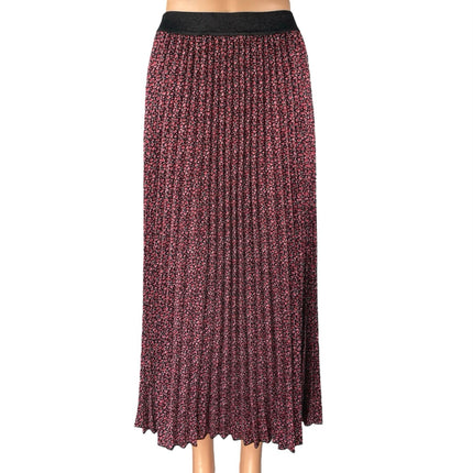 Esqualo Red Black Floral Pleated Pull On High Waisted A Line Midi Skirt Size 8