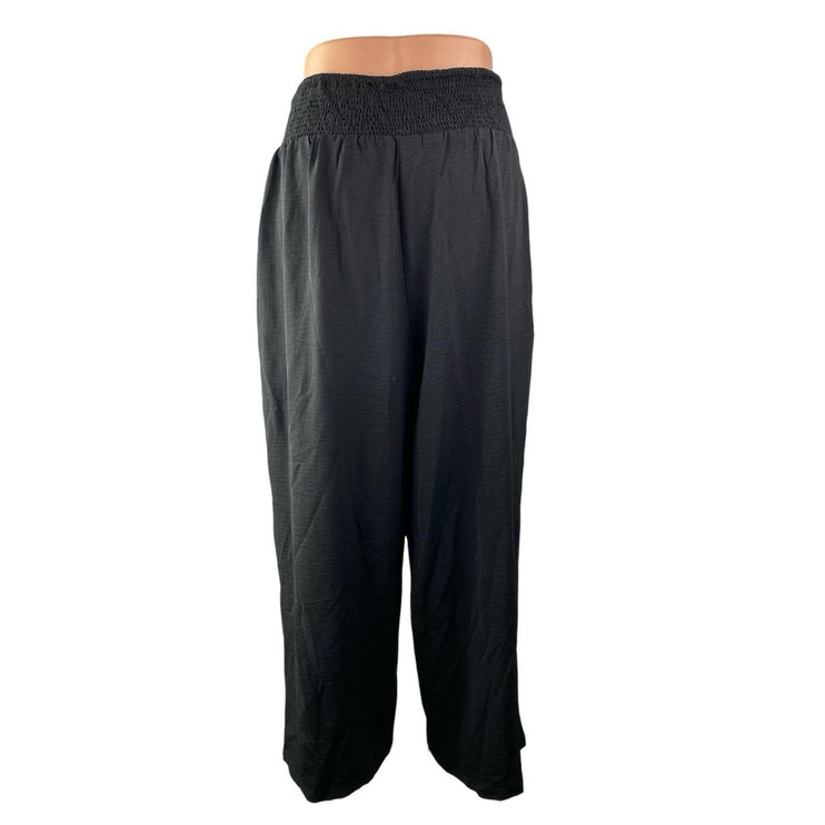 Women's Black Smocked Elastic High Waist Pleated Tapered Leg Trousers Pants Sz L