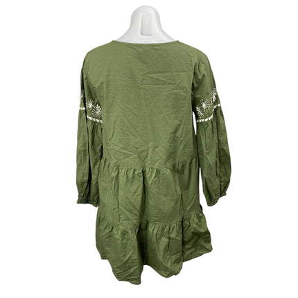 ZARA Green Embroidered Tiered 3/4 Sleeve V Neck Tassels Mini A-Line Dress Size S