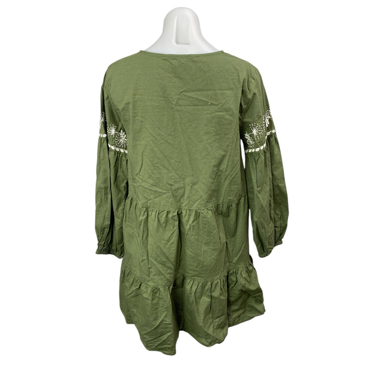 ZARA Green Embroidered Tiered 3/4 Sleeve V Neck Tassels Mini A-Line Dress Size S