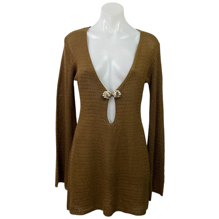 MOTF Women's Brown Long Sleeve Plunge V Neck Shell Knit A Line Mini Dress Size M