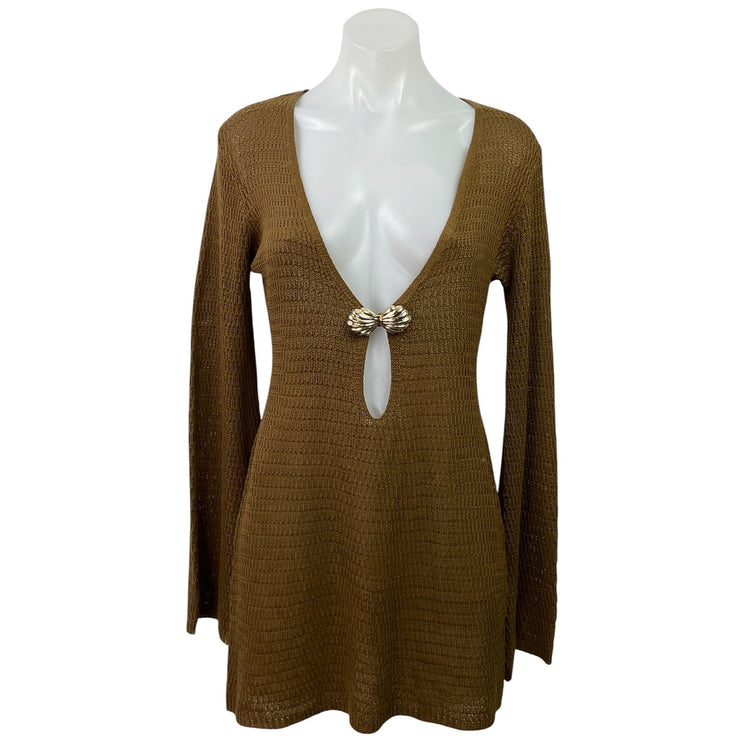 MOTF Women's Brown Long Sleeve Plunge V Neck Shell Knit A Line Mini Dress Size M