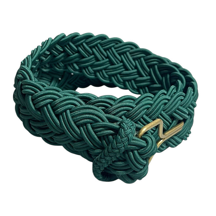 Tory Burch Women's Dark Green Braided Macrame Wax Rope Woven Holeless Logo Belt