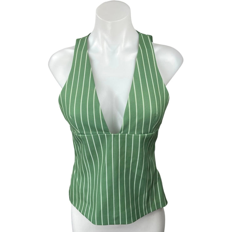 NEW Zara Women's Green White Pinstriped Sleeveless Plunge V Blouse Top Size S