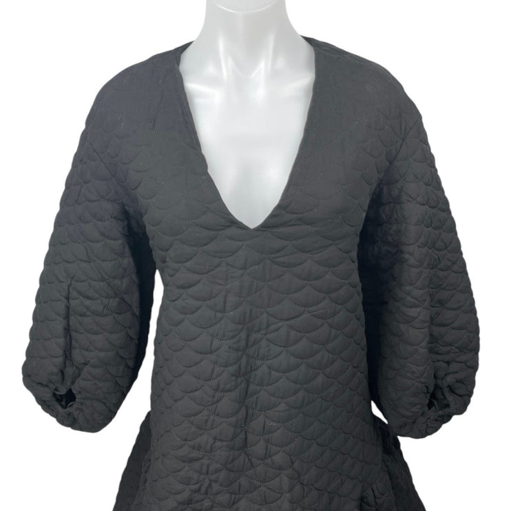 NEW ASOS Black Quilted Plunge Neck Balloon Sleeve Tiered Ruffle Hem Dress Size 2