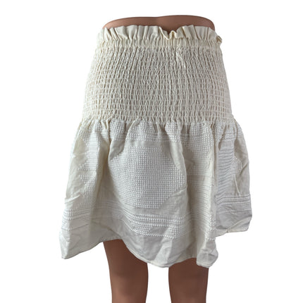 Women's White Smocked Embroidered Beaded Tassle Tie Mini Flare A-Line Skirt 2/4