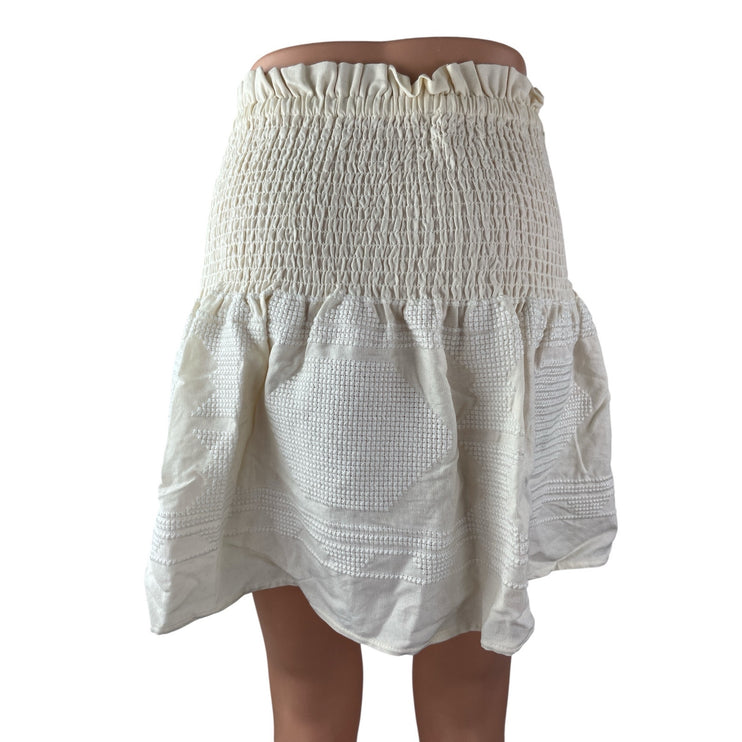 Women's White Smocked Embroidered Beaded Tassle Tie Mini Flare A-Line Skirt 2/4