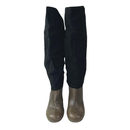 Joy Chen Women's Black Brown Suede Leather Round Toe Heeled Tall Boots Size 7