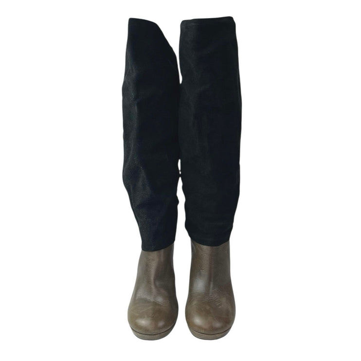 Joy Chen Women's Black Brown Suede Leather Round Toe Heeled Tall Boots Size 7