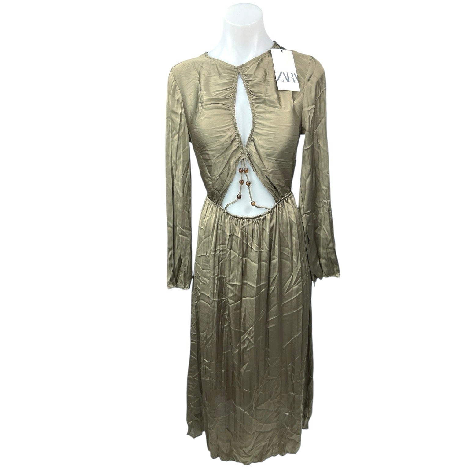 NEW Zara Khaki Olive Green Silky Satin Cutout Long Sleeve Midi Maxi Dr Brie NEW Zara Khaki Olive Green Silky Satin Cutout Long Sleeve Midi Maxi Dr Brie