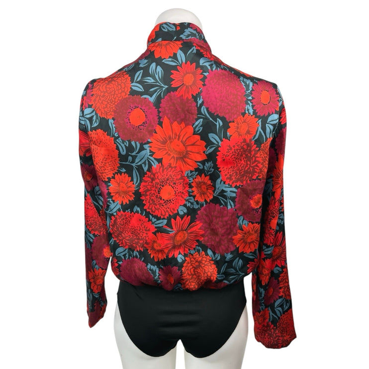 Zara Red Black Multicolor Floral Silky Satin Long Sleeve Wrap Bodysuit Top Sz S