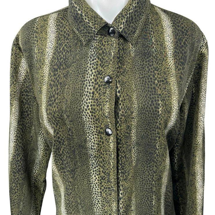 Apparenza Green Reptile Animal Print Long Sleeve Button Down Shirt Blouse Top L