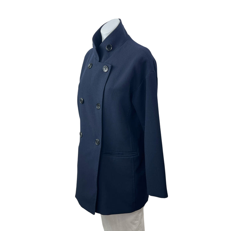 Makmaks Womens Navy Blue Double Breasted Collared Long Sleeve Pea Coat Jacket OS