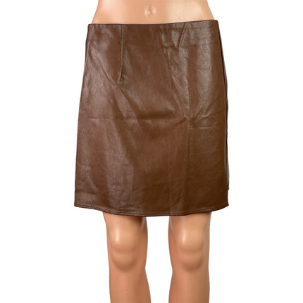Isalis Women's Brown Faux Leather Vegan High Waist Slit A Line Mini Skirt Size L