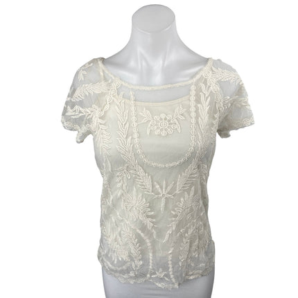 Adiva Women's White Floral Embroidered Lace Overlay Short Sleeve Bloue Top Sz S