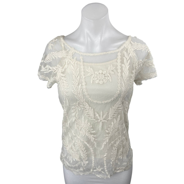 Adiva Women's White Floral Embroidered Lace Overlay Short Sleeve Bloue Top Sz S