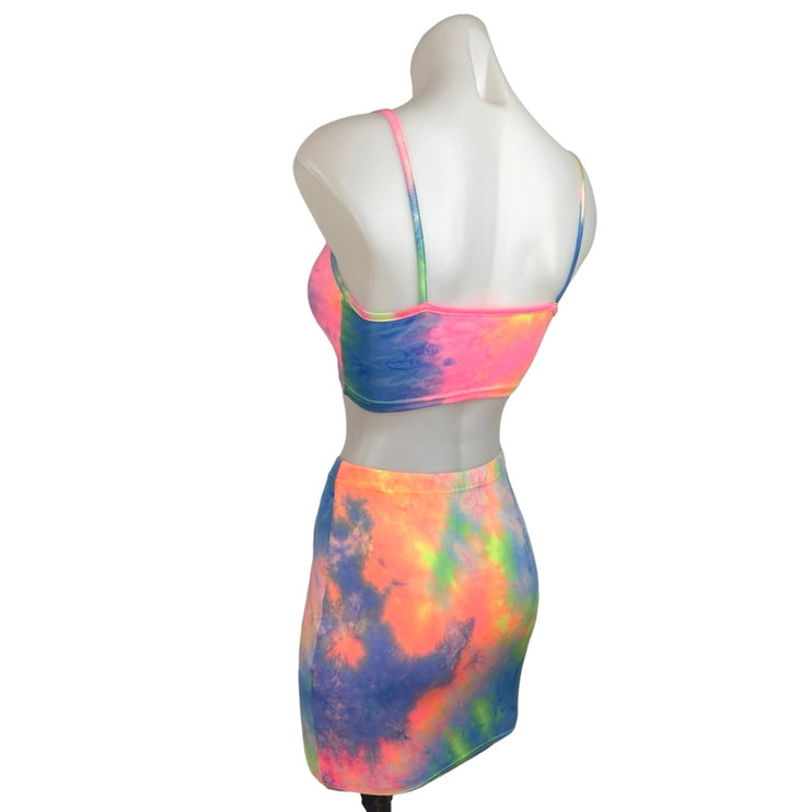 2 Piece Outfit Rainbow Tie-Dye Bodycon Spaghetti Strap Crop Top Mini Skirt Set S