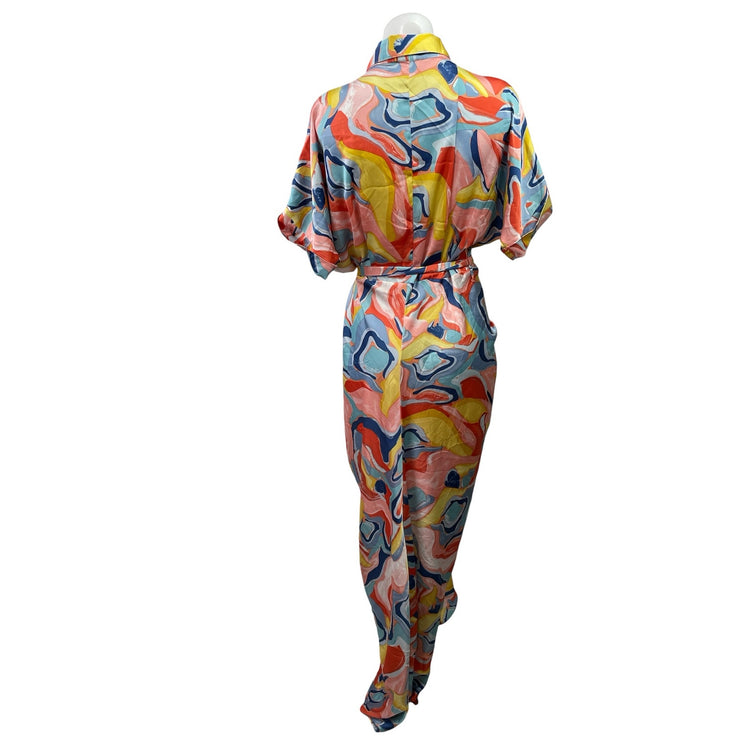 Fashion Nova Hailey Multicolor Abstract Button Up Belted Tie Maxi Shirt Dress M