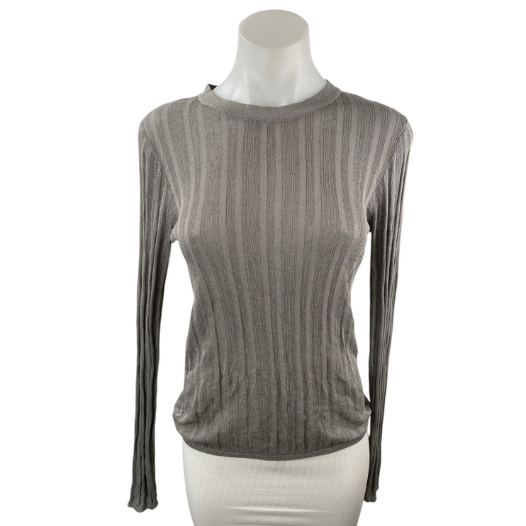 Zara Gray Ribbed Knit Crew Neck Long Sleeve Fitted Tee T-Shirt Sweater Top Sz L
