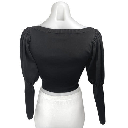Zara Women's Black Long Balloon Puff Sleeve Ruched Tie Cropped Blouse Top Size S