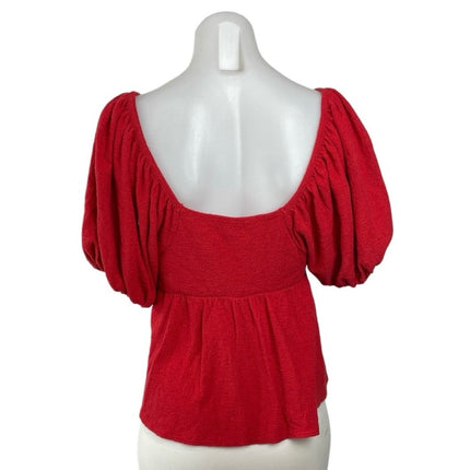 Madewell Womne's Red Puff Sleeve Square Neck Babydoll Flare Peplum Blouse Top XS