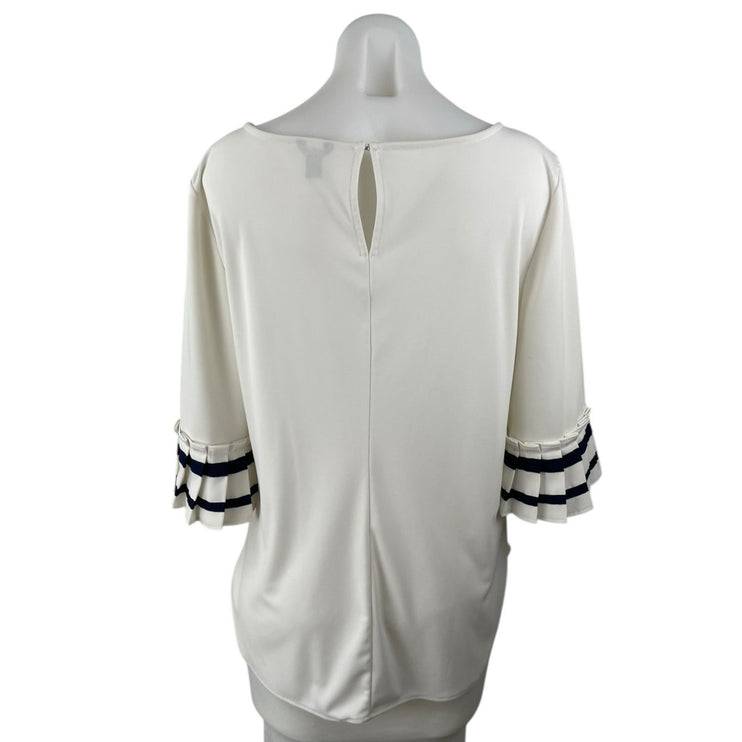 Ann Taylor White Black Half Sleeve Pleated Stripe Boat Neck Blouse Top Size M