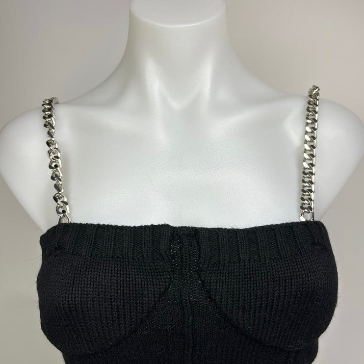 Zara Black Metal Chain Strap Ribbed Knit Corset Brami Cropped Sweater Top Size S