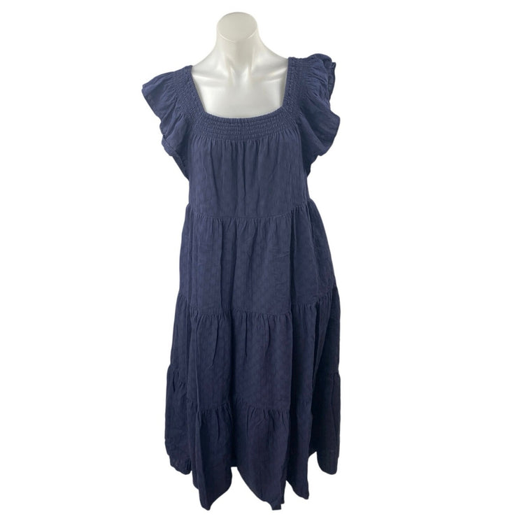 Madewell Navy Blue Ruffle Flutter Sleeve Smocked Tiered A Line Midi Dress Size S