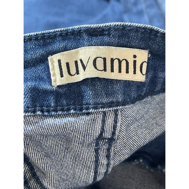 Luvamia Women's Blue High Waisted Cropped Flared Wide Leg Denim Jeans Pants Sz M