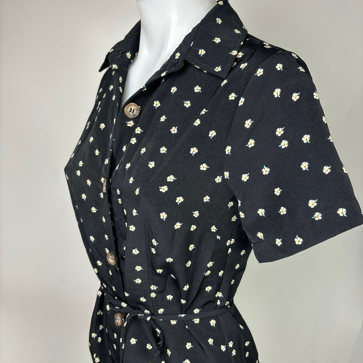 Nordstrom BP Black Daisy Floral Print Collar Button Down Shirt Dress Size XXS