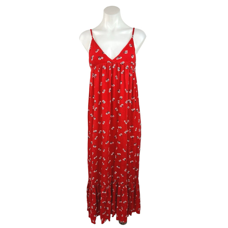 Billabong Red Floral Print V-Neck Spaghetti Strap Ruffle Empire Waist Dress Sz M