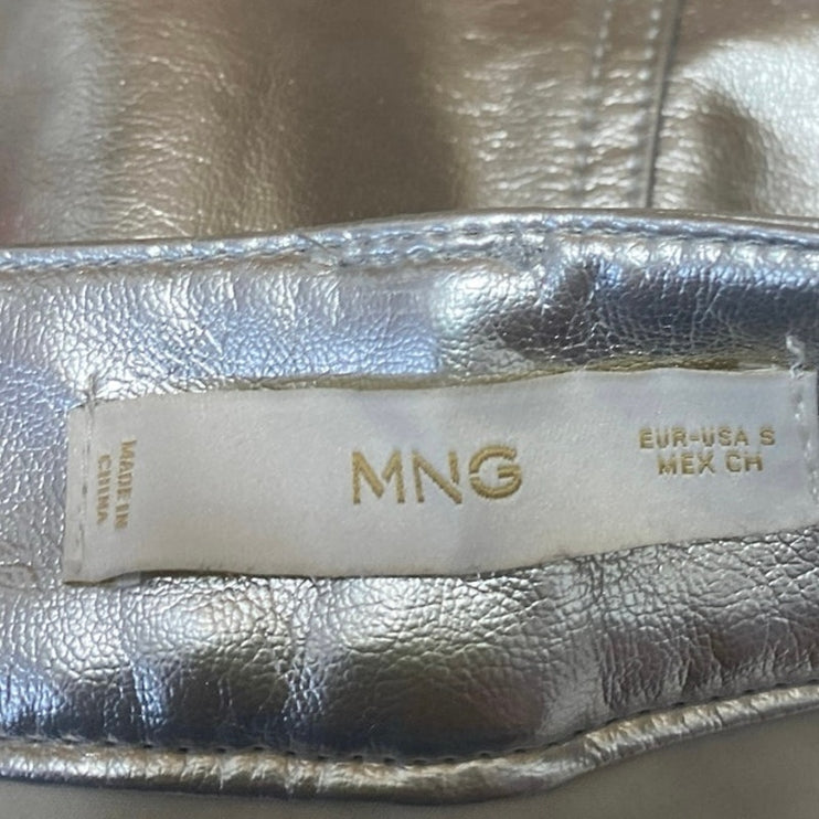 MNG Mango Women's Silver Metallic Faux Leather Zipper Casual Mini A-Line Skirt S