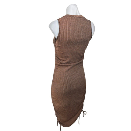 DNT Brown Metallic Rib Knit Sleeveless Ruched Tie Cami Midi Bodycon Tank Dress S