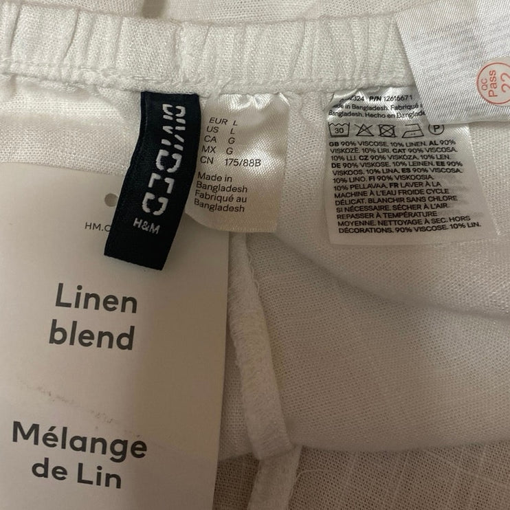 NEW H&M Divided Women's White Linen Wide Leg Mid Rise Lounge Trousers Pants L