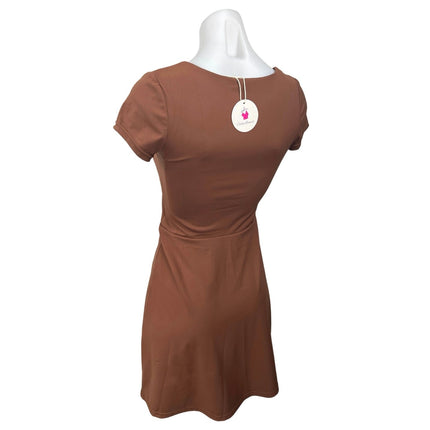 NEW Casly Lamiit Brown Square Neck Short Sleeve Mini Jersey A-Line Dress Size S