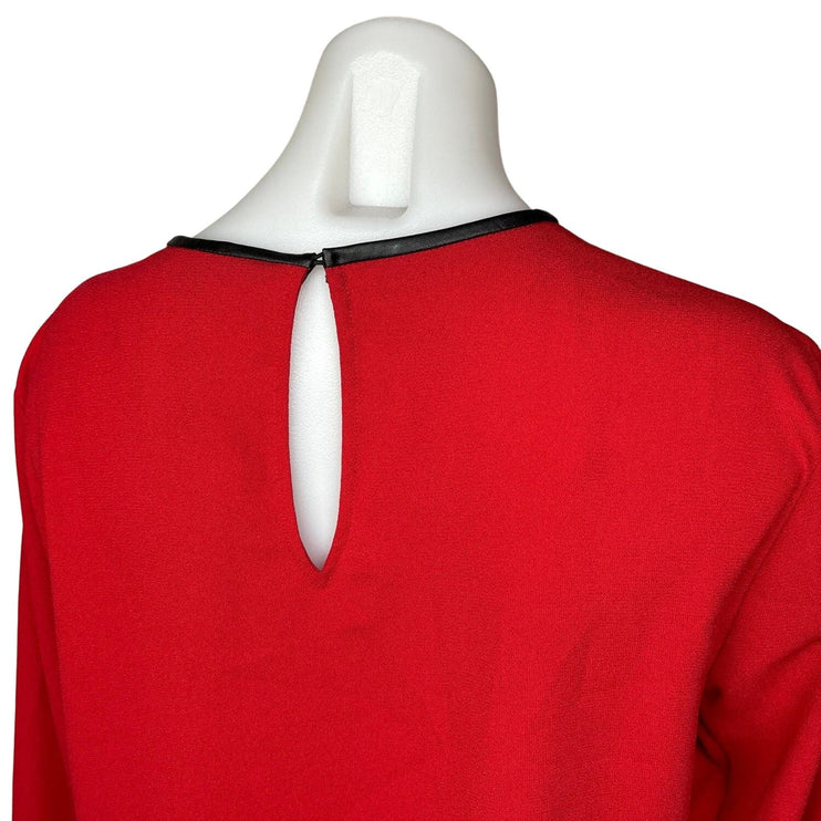 Zara Womens Red Solid Faux Leather Trim Round Neck Long Sleeve Blouse Top Size M