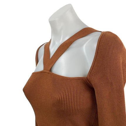Intermix Naria Brown Long Sleeve Cut-Out Ribbed Knit Cropped Sweater Top Size S