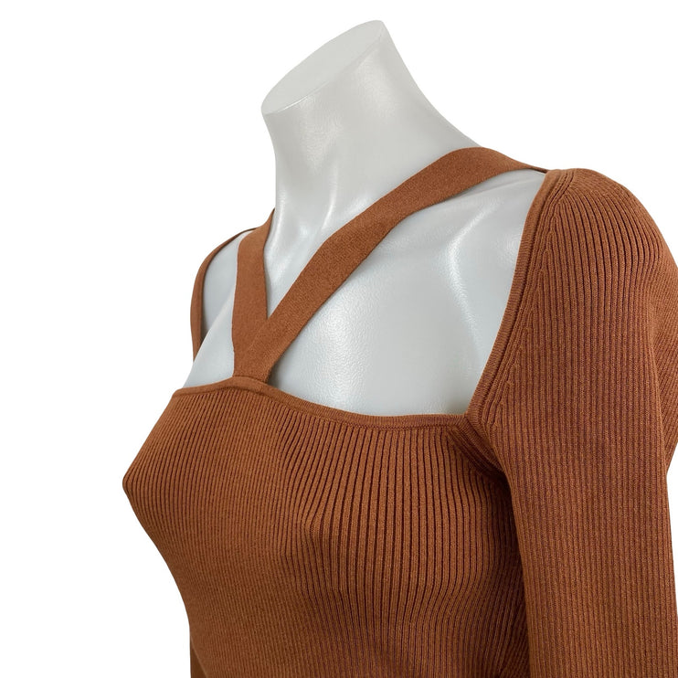 Intermix Naria Brown Long Sleeve Cut-Out Ribbed Knit Cropped Sweater Top Size S