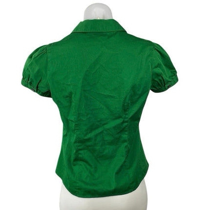 Ann Taylor LOFT Petites Green Ruched Puff Sleeve Button Down Shirt Blouse Top SP