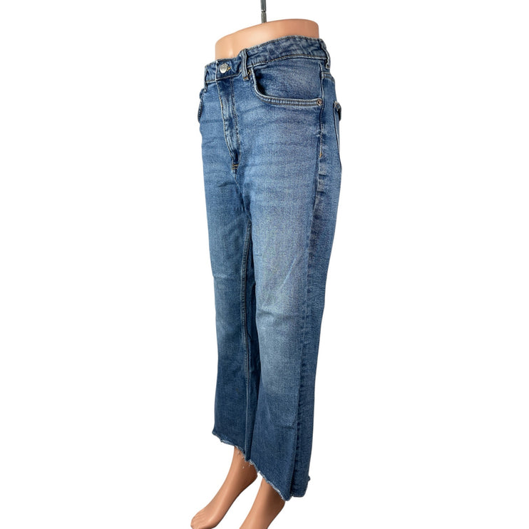 Zara Women's Blue Raw Frayed Hem High Rise Bootcut Flare Denim Jeans Pants Sz 12