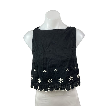 Free People Kayla Black Floral Embroidered Sleeveless Tie Blouse Top Size S