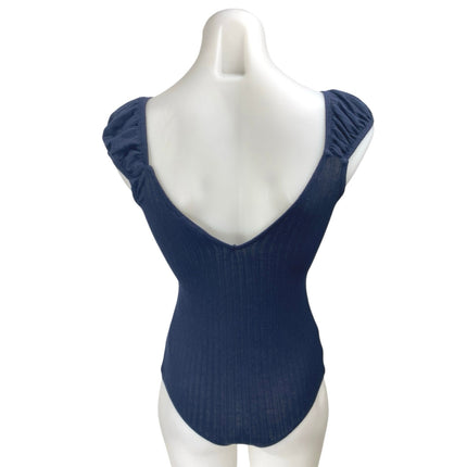 Sage The Label Blue Rib Knit Short Puff Sleeve Tie Neck Cutout Bodysuit Top Sz S