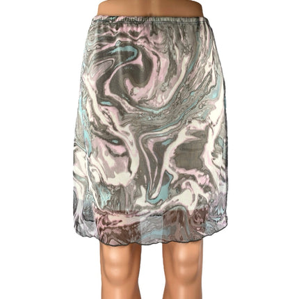 Persaya Gray Marble Print Elastic Waist Mesh Sheer Knee Length Pencil Skirt L
