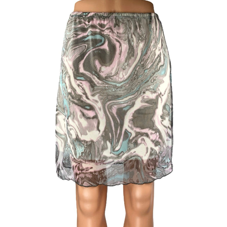 Persaya Gray Marble Print Elastic Waist Mesh Sheer Knee Length Pencil Skirt L