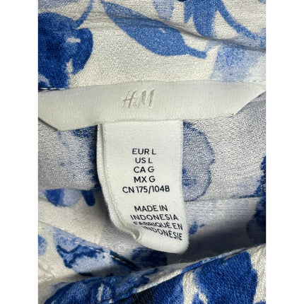 H&M Women's White Blue Floral Belted Long Sleeve Button Down Mini Shirt Dress L