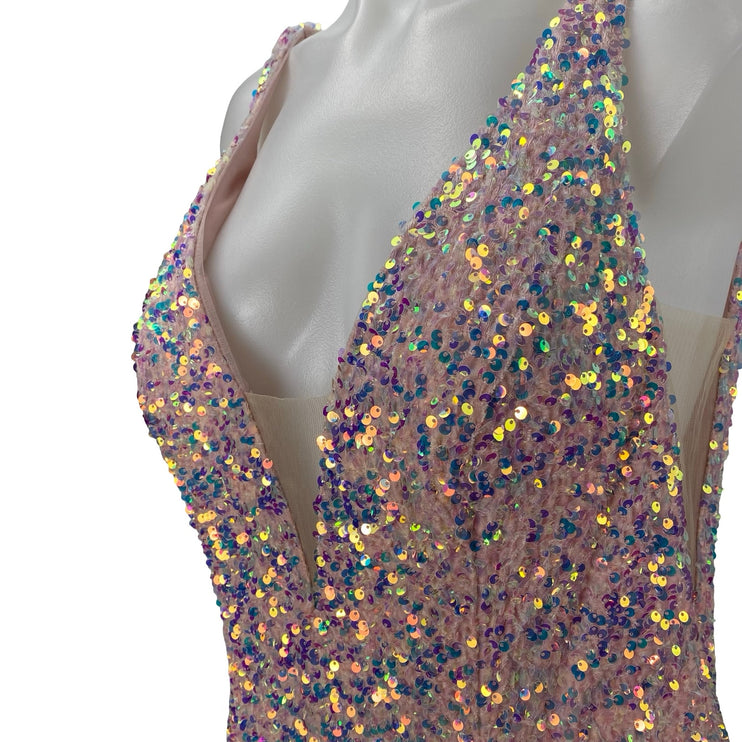 Sherri Hill Pink Sequin Sparkly Shimmer Party Vneck Open Back Mini Tank Dress 16