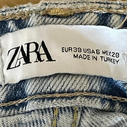 Zara Light Blue Frayed Hem High Rise Baggy Palazzo Wide Leg Denim Jeans Pants 6