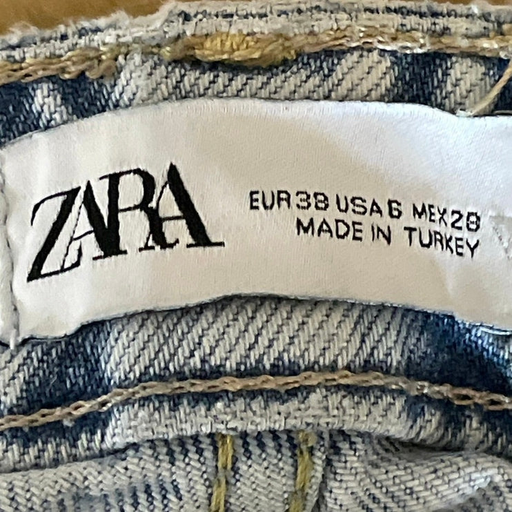 Zara Light Blue Frayed Hem High Rise Baggy Palazzo Wide Leg Denim Jeans Pants 6