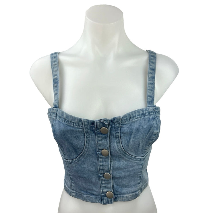 Superdown Women's Blue Denim Square Neck Button Front Cami Tank Crop Top Size M